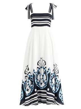 Striped Tie-Shoulder White Maxi Dress with Navy & Light Blue Border Print